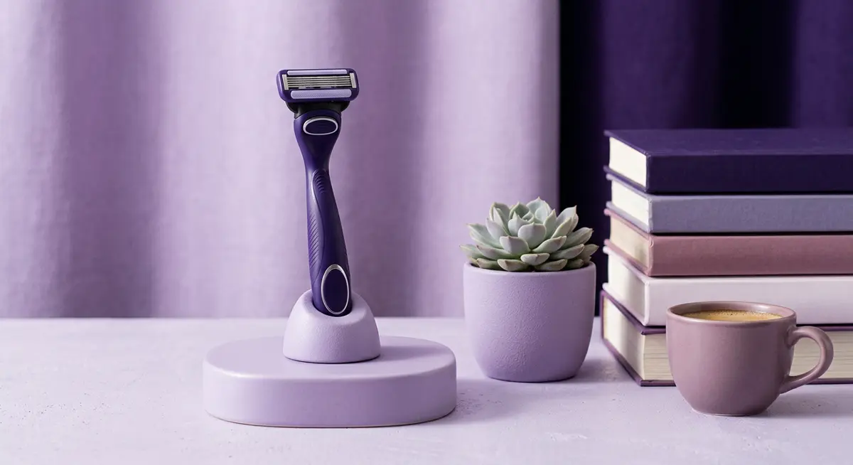 A deep violet Equal Edge razor on a lavender stand beside a succulent, textbooks and a coffee cup
